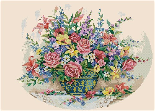 Roses and Lilies in Blue Vase