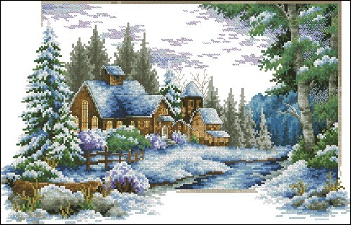 Winter Cabin by a Frozen Stream
