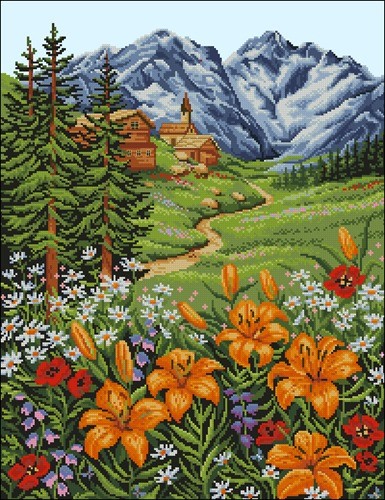 Mountain Village with Lilies