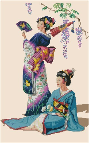 Two Geisha Under Wisteria