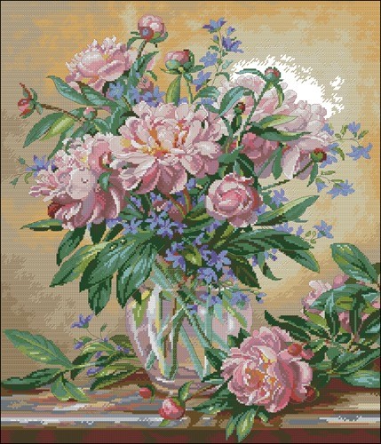 Pink Peony Bouquet with Blue Flowers