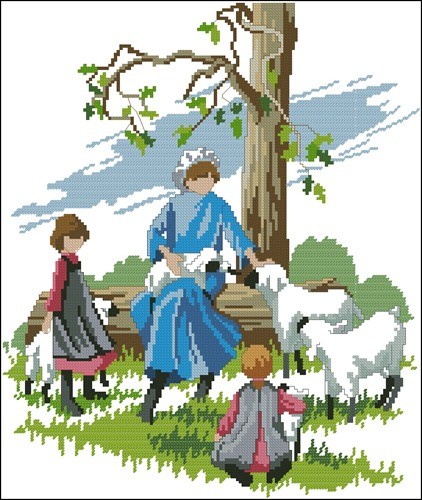Amish Family Tending Goats