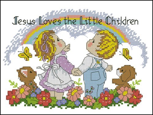 Boy and Girl Holding Hands Under Rainbow