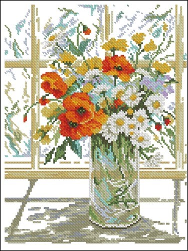 Poppies and Daisies on Windowsill
