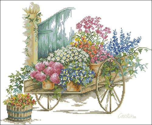 Wooden Cart with Daisies and Roses