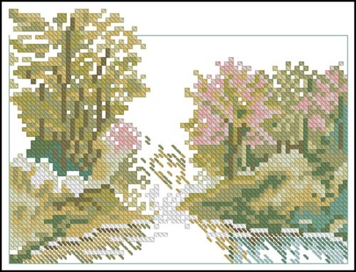 Blooming Trees by the Lake