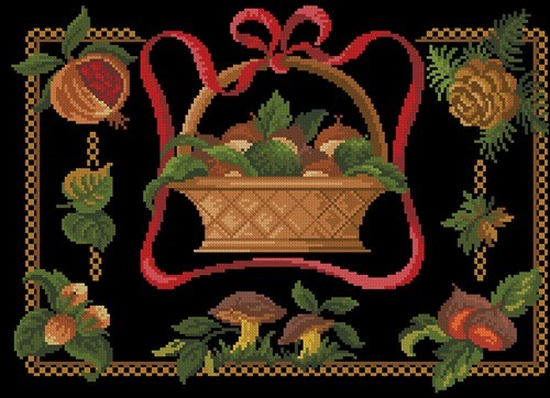 Подушка "Корзина с грибами на чёрном"