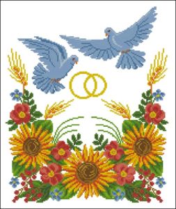 Свадебный рушник "Голуби, кольца, подсолнухи"