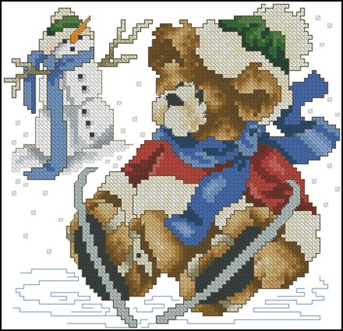 Teddy Bear Sledding with Snowman