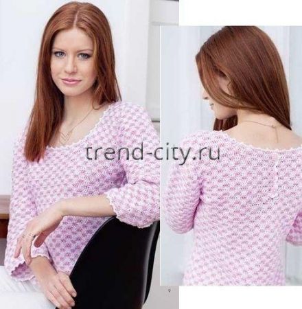 Two-Tone Crochet Pullover with Buttons - pink and white checked pullover