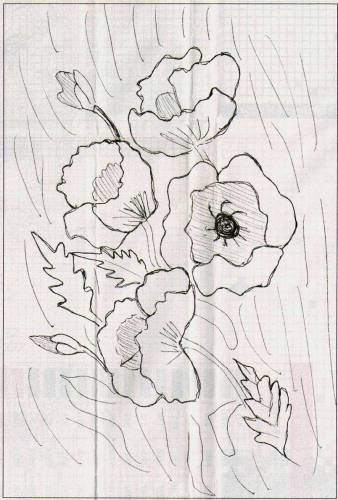 Red Poppies and Green Leaves - poppy outline for transfer
