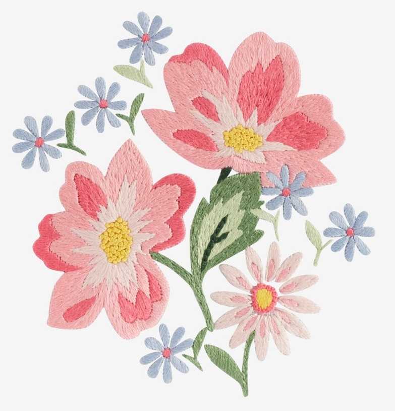 Pink Flowers and Blue Asters - finished pink and blue flower embroidery