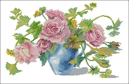 Pink Roses in Porcelain Pitcher