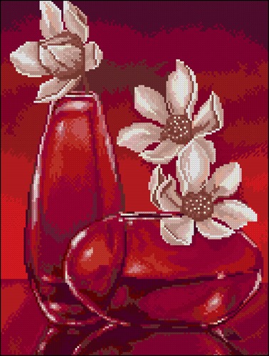 White Blooms in Ruby Vases