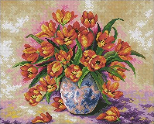 Orange Tulips in Blue Vase