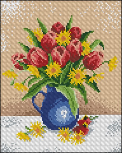 Spring Bouquet in Blue Pitcher