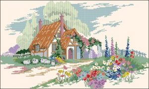 Thatched Cottage with Grazing Sheep
