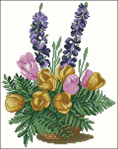 Basket of Tulips and Larkspur