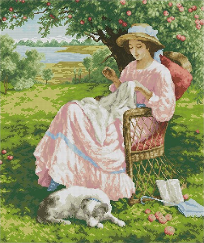 Lady Sewing in the Orchard