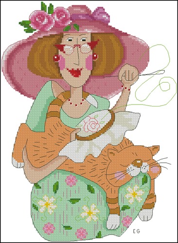 Lady with Needlework and Cat