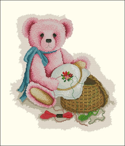 Pink Bear Embroidering Flowers