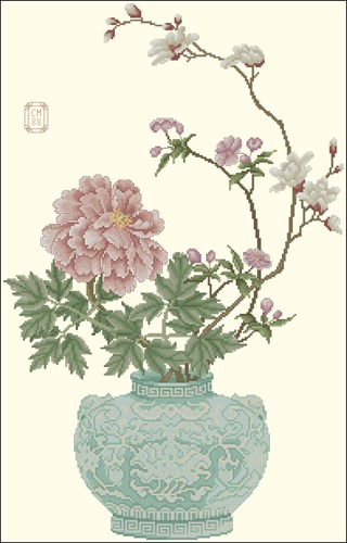 Peony and Blossom in Japanese Vase