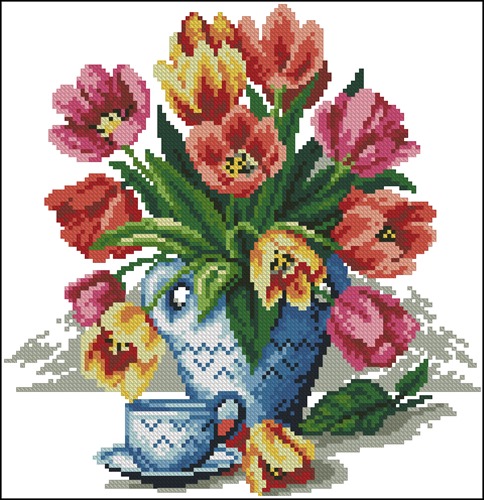 Tulips in Blue Vase with Teacup