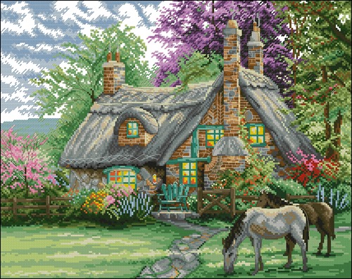 Thatched Cottage with Grazing Horses