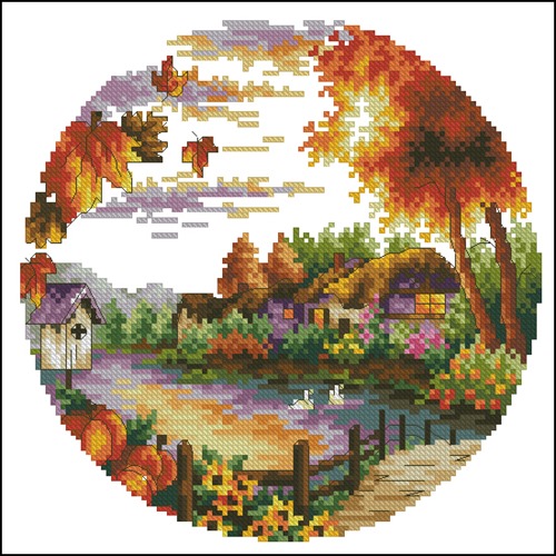 Autumn Cottage by the Pond