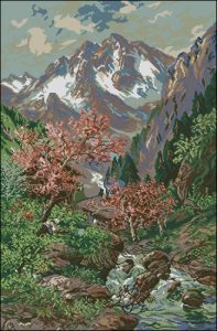 Snowy Mountains and Blossoming Trees