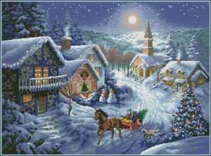 Horse-Drawn Sleigh Through Snowy Village Horse-Drawn Sleigh Through Snowy Village