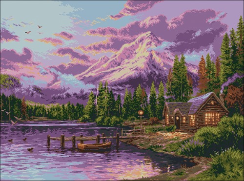 Lilac Sunset Over Lake Cabin
