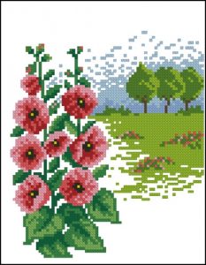 Hollyhocks and Meadow View