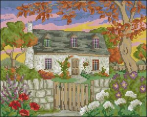 Stone Cottage in Autumn Garden