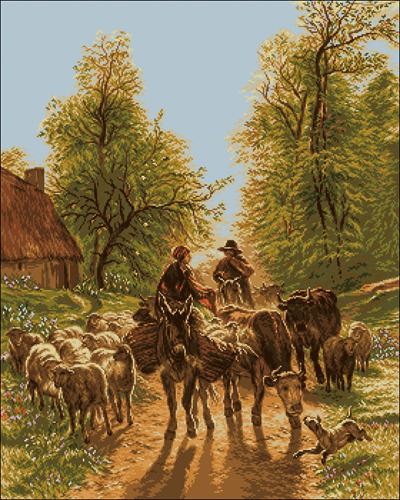 Shepherds and Flock on Country Road