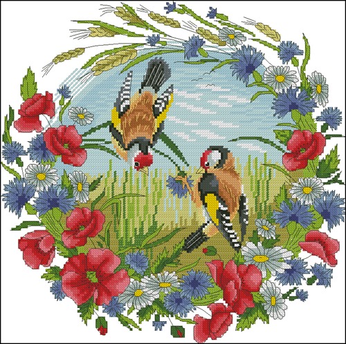 Goldfinches in Poppy Wreath