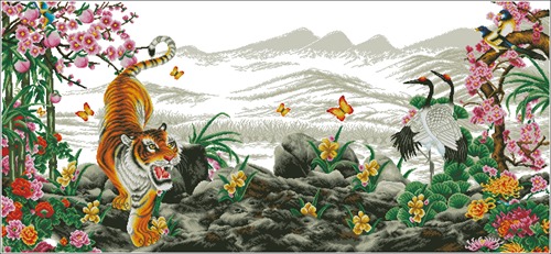 Tiger, Crane and Mountain Landscape